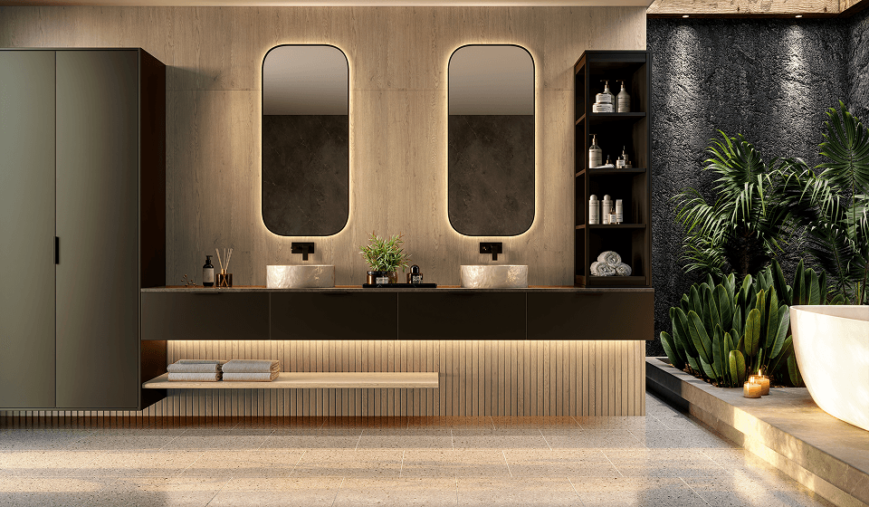 Banheiro planejado Finger com bancada clara, marcenaria elegante e atmosfera de spa.